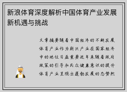 新浪体育深度解析中国体育产业发展新机遇与挑战
